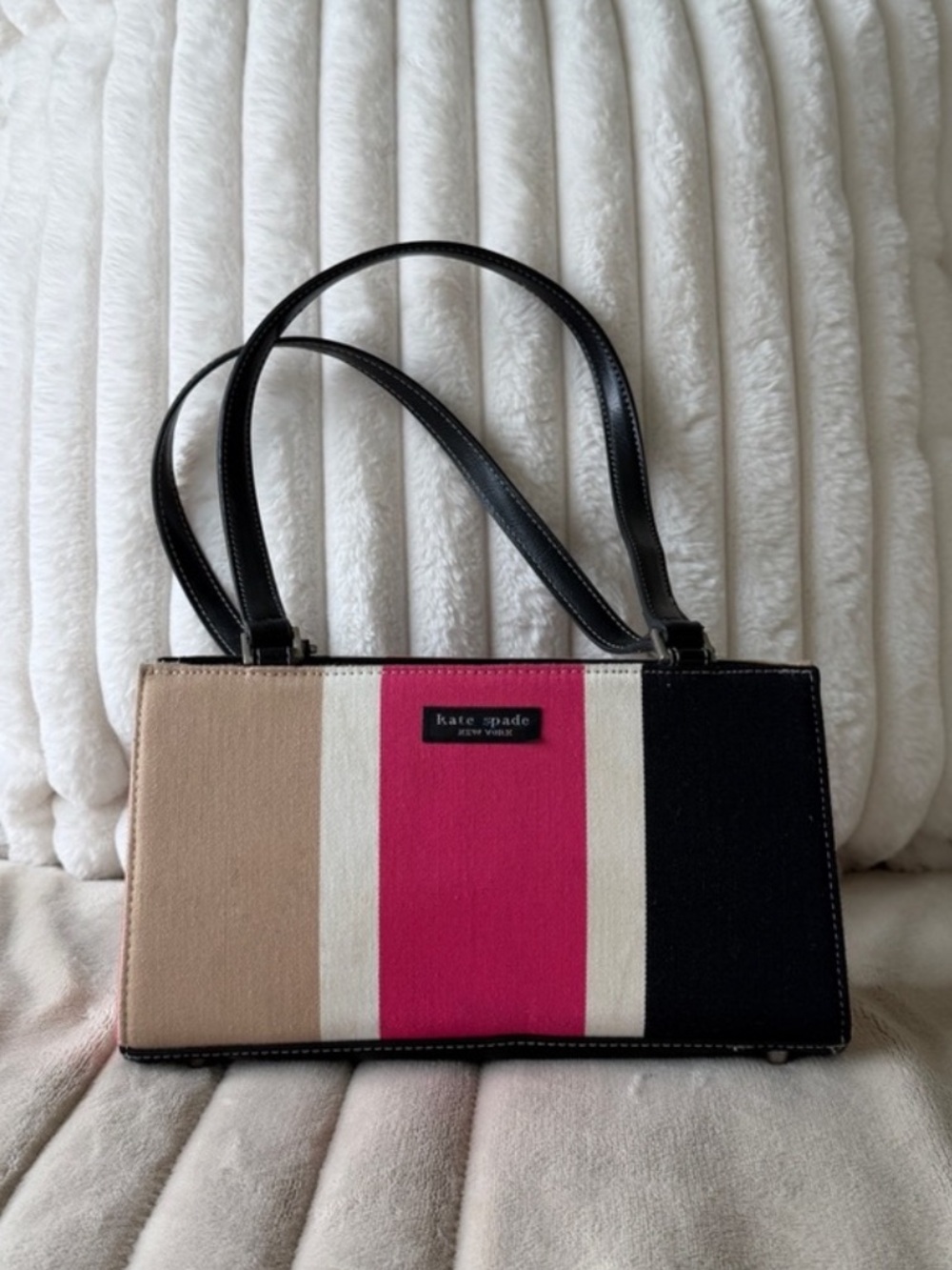 Vintage Kate Spade NY Colorblock Canvas Shoulder Bag Black, Cream & Pink